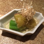 Arakichou Kintsugi - お出汁の次に出てきた茄子とオクラの煮浸し様は繊細で上品な旨味