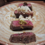 鳥茂 - 和牛のステーキ四種薬味食べ較べ