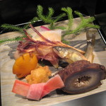 草喰 なかひがし - 1月鮎の風干し、堀川牛蒡、金柑、白蕪の味噌卵黄挟みなど