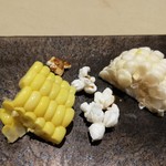 厨翠山   - とうもろこしの茶碗蒸し、2種のとうもろこし（花塩）
