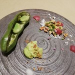 厨翠山   - やりいかのさらだ　天豆　アスパラとグリンピースのフラン（インカの天日塩）