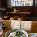 野口うどん - 店内はテーブルが３つのみ
      テーブル３つタコ３つ
      相席は免れない
      まあ相席屋みたいなもんだな、うん
      早目に来たので貸切でした