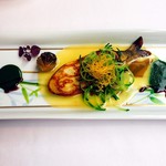 モナリザ - 鮎とほうじ茶のクレープ焼き フヌイユとレタスのエテュベ 貝のエキスのエミュリュション