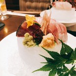 銀座ろくさん亭 - 刺身。鯒、鰹、鯵の円柱氷盛り。
