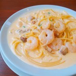 Cream sauce with porcini mushrooms and tender shrimp