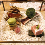 bistro Chic - 1.宇治抹茶マカロンとフォアグラテリーヌ/パテと自家製鹿サラミ/鴨のクロメスキ 自家栽培旬菊