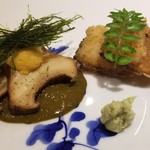 馳走 啐啄一十  - ④煮黒鮑(広島県呉産)、肝ソース、塩水北紫雲丹(北海道奥尻島産)、あおさ載せ
      黒鮑の産卵期は秋～冬、旬は初夏～夏
      北紫雲丹の産卵期は秋、旬は春～夏
      ⑤鱧(愛媛県伊予灘産)の伽羅煮