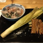 酒肴 新屋敷 - 酒肴 新屋敷　先付の穴子、ヤングコーン、春菊おひたし