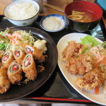 Hagiyashiyokujidokoro - 肉の梅・チーズ巻き定食700円と鳥から揚げ3個350円