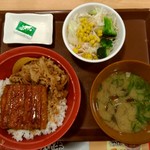 Sukiya - うな牛(ご飯大盛)サラダセット(しじみ汁変更)