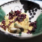 エクアトゥール - 鮑のヴァプール　賀茂茄子　フォアグラと西京味噌のソース　花紫蘇　柚子