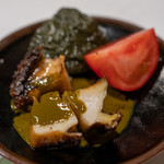 うを徳 - 2019.7 宇和島クロアワビステーキ 肝ソース、京都鹿ヶ谷かぼちゃ、北海道スーパーフルーツトマト