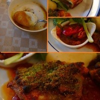 ダン ル シエル - ポテトのピューレやフリッタータ。鶏もも肉のマスタードパン粉焼き