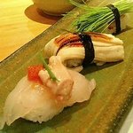 本等鮨 海馬 - 鮨 海馬　 かわはぎ、煮穴子、芽ねぎ