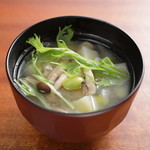 Miso soup with lots of vegetables and carefully selected miso to finish the soup