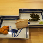 銀座いち分 - 雲丹、煮鮑、肝和え