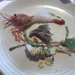 ピアット スズキ チンクエ - 前菜、バイ貝、タコ、カツオのマリネ、ボタンエビに泡の出汁醤油