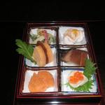菊乃井 - 鱈の白子、鮑、ぬたあえ、フォアグラと奈良漬等
