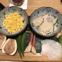 一心 金子 - 上段左から
                      ・とうもろこし
                      ・岩牡蠣
                      ・稚鮎
                      下段左から
                      ・無花果
                      ・地オクラ
                      ・谷中生姜
                      ・鱧
                      ・みどり茄子