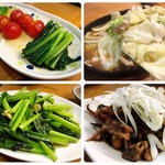 ふくろう - 左上:お通し 左下:青菜ニンニク炒め 右上:ホルモン醬 右下:イカゲソ炒め