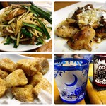 ふくろう - 左上:レバニラ炒め 左下:山芋揚げ 右上:鶏皮焼き 右下:焼酎(ダバダ火振り)