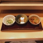 Ginza Shabutsuu Yoshinosasa - 先付け3品：酢の物、カボチャ、シチュー