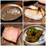 大どころ - ＊鮑の粕漬け・・鮑の下の柔らかい部分だそうですが、これ美味しい。 ＊桜チップでスモークした「カジキマグロ」・・軽くスモークの風味がして、これも美味しい。 ＊鮑の肝をオイル漬けにして、肝ソースで和えた品・・これは肝好きには堪らない、お酒が進みます。 もっと頂きたいと思いました