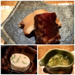 大どころ - ＊蛸（長崎）山椒煮・・蛸は柔らかくほんのり山椒風味がします。 ＊素麺瓜（岡山）、ゴーヤ（熊本）土佐酢のジュレで・・ジュレの軽い酸味が爽やか、素麺瓜のシャキシャキ食感もいいですね。 ＊だだちゃ豆のチーズよせ・・定番ですけれど、これ好きです。