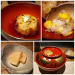 大どころ - ゴールドラッシュの炊き込みご飯の焼きおにぎりの餡かけと自家製「いぶりがっこ」 こちらで焼きおにぎりを頂くのは初めて。ゴールドラッシュの甘味に香ばしさが加わります。