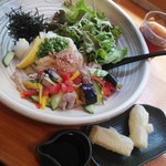 うどん匠人 岡本 - 味わいポークのしゃぶしゃぶぶっかけに餅揚げトッピング