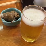 つきぢ神楽寿司 - キャーーー！！！チンカチンカの冷やっこいルービー！
            って飲めない・・・写真撮影のみ・・・
            アテにバイ貝！！！あーー飲みてぇ〜〜〜！！！
            バイ貝美味いな！！！
            
            家で食うのと一緒の味だけどね。
            
            