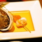 嵯峨沢館 - 2012/Jan.　八寸　才巻海老と雪柳飾り