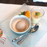 ステーキハウスみやこ - キャラメルのジェラート、マンゴーのプリン