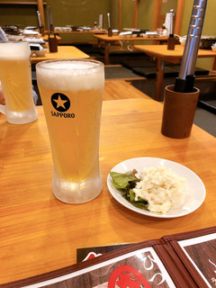 Hokkaidounamaramuyakinikuhitsujiya - 生ビール＆お通し