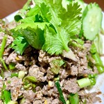 シヤー・トムヤムクン・ポーチャナー - ラープヌアーは牛挽肉とハーブをたっぷり使ったサラダ。辛いので汗ビッショリ。パクチーとミントが効いてます。