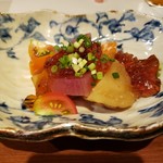 達屋 TAZ－YA 阪急梅田店 - お通し〜お出汁で煮た根菜、ポン酢ジュレ〜
