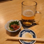 Sushi Kappou Umemoto - 飲み掛け、食べ掛けですみません
                        本日のお通し、ビールはグラスが凍っておりました