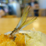 磯料理マルゴ - 黄金アジ背びれ（フライになっても黄色に輝いていた）