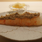 鮨 なんば - 増毛ぼたん海老、殻を焼き海老味噌と合わせ乗せ