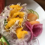 カフェアンドショップ ロータスランド - 2019/08/16
      モーニングＣセット 有機コーヒー 380円
      今週のおまかせセット 550円
      ・こんにゃく唐揚げの甘酢あん
      ・卵豆腐
      ・味噌きゅうり
      ・フレッシュサラダ
      ・スイカ