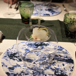 坐漁荘 - ＊ 長谷川さんのシャンピニョンと胡瓜のジュレ  ゴーヤの泡  トマトのしずく