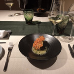 坐漁荘 - ＊ 椎茸の茶炭ベニアと桜海老のガレット  西伊豆黒米の焼きリゾット  グリーンカレーソース