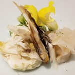 馳走 啐啄一十  - (02)渡り蟹(瀬戸内海産、雄)、ミル貝(愛知県産)、胡瓜、金魚花、土佐酢で
      産卵期は春～夏、雄の旬は夏～秋。
      雄蟹は雌蟹より身の甘みが強い
      本ミル貝は濃い味わい
      コキュコキュした食感も良い！