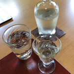 Roan Matsuda Sasayama Ten - 五凛と仕込み水。味のあるグラスが風情を唆る。