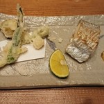 りょうりや 御旅屋 - 太刀魚塩焼き  山菜天麩羅