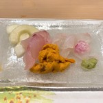 うを徳 - ④お造り（能登アラ、淡路星鰈、噴火湾バフンウニ、加賀太胡瓜昆布〆）