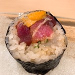 うを徳 - ⑳夏バテ予防巻き（赤身、トロ、富山白海老、余市アンキモ、胡瓜）
