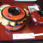 よしだや - かき揚げ天丼、味噌汁、お新香、春雨