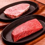 Steak with two rare parts: red meat and marbled meat