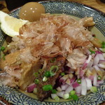 煮干し中華そば 一剣 - 今日はミセスの誕生日。リクエストにこたえて汁なしです。本人曰く25歳だそうです(-_-;)